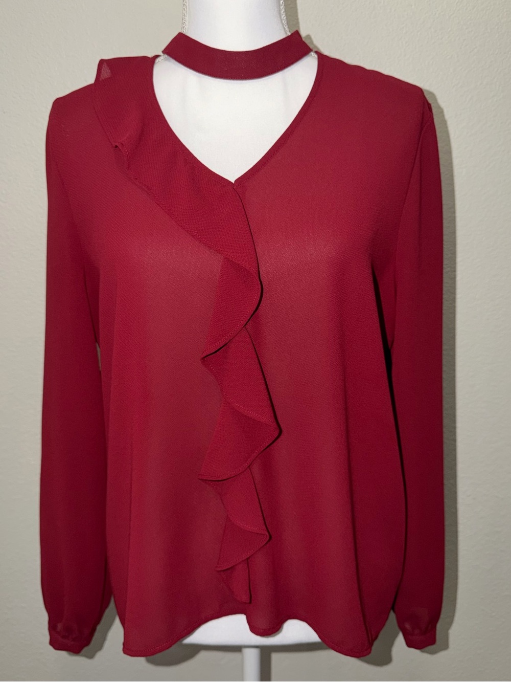 Jack by BB Dakota burgandy sheer blouse, choker v-neck, front ruffle, medium